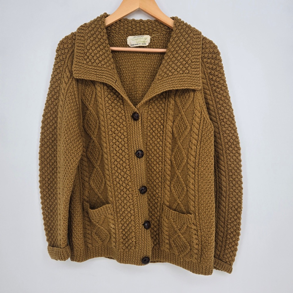 Vtg Hand Knit Mustard Yellow Aran Cardigan Sweater 100% Wool Ireland Mens M